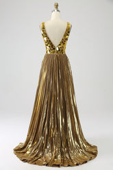 Funkelndes A Linie Goldenes langes Ballkleid mit tiefem V-Ausschnitt und Schlitz
